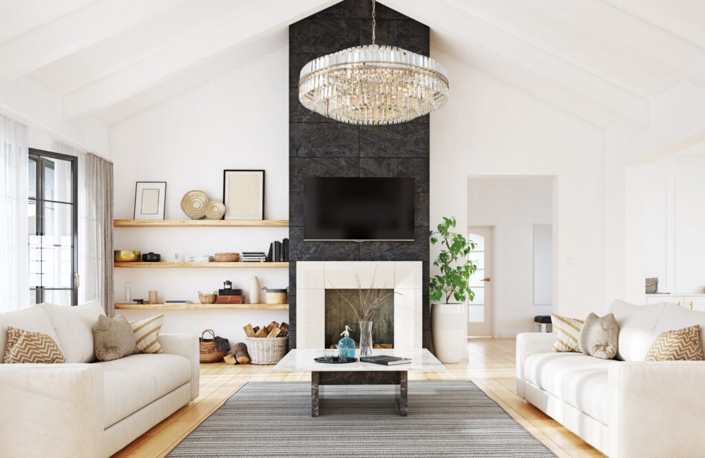 Lighting Fixture Crystal chandelier hanging in living room for about us page