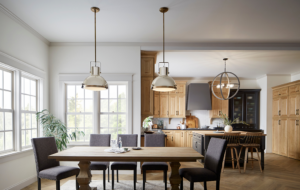 Pendant lights over dining room table