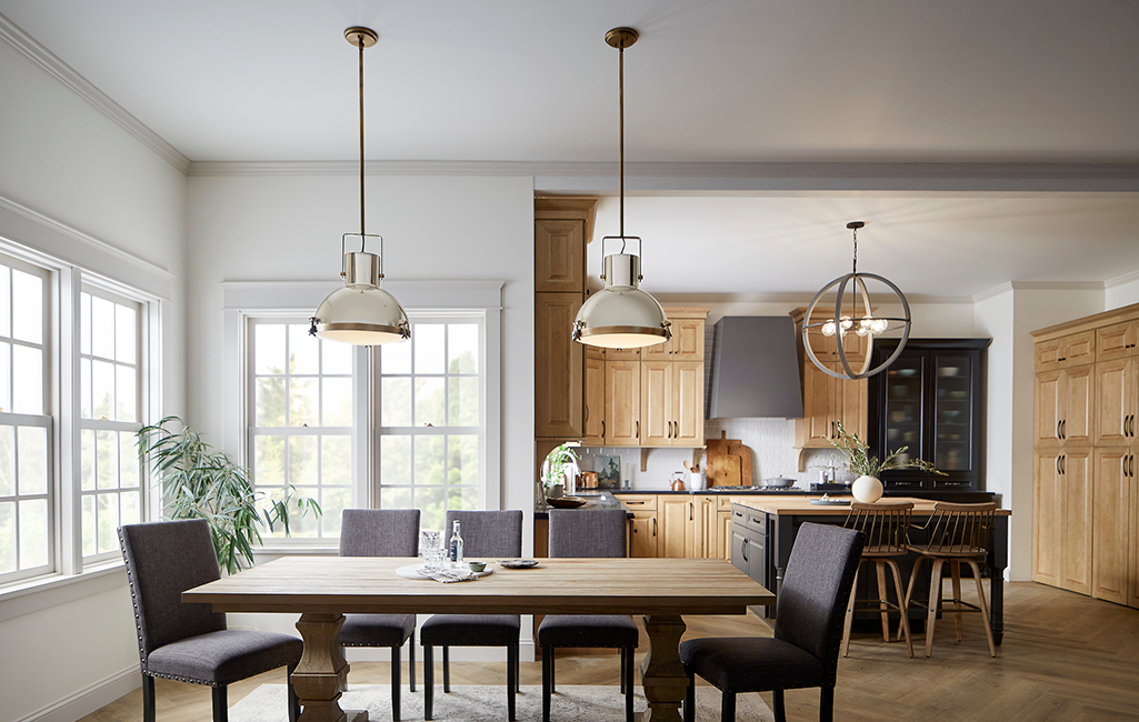 Pendant lights over dining room table