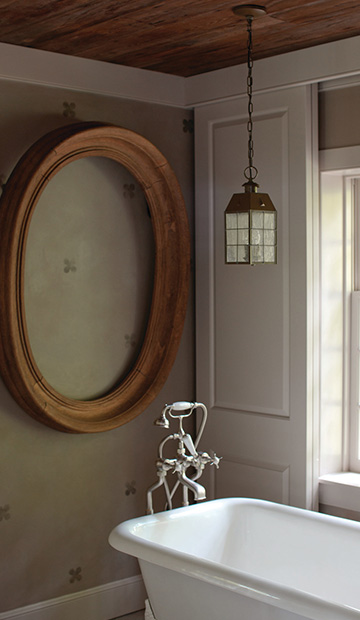 Rustic pendant light in bathroom