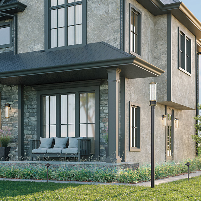 Post light and landscape lighting outside modern home