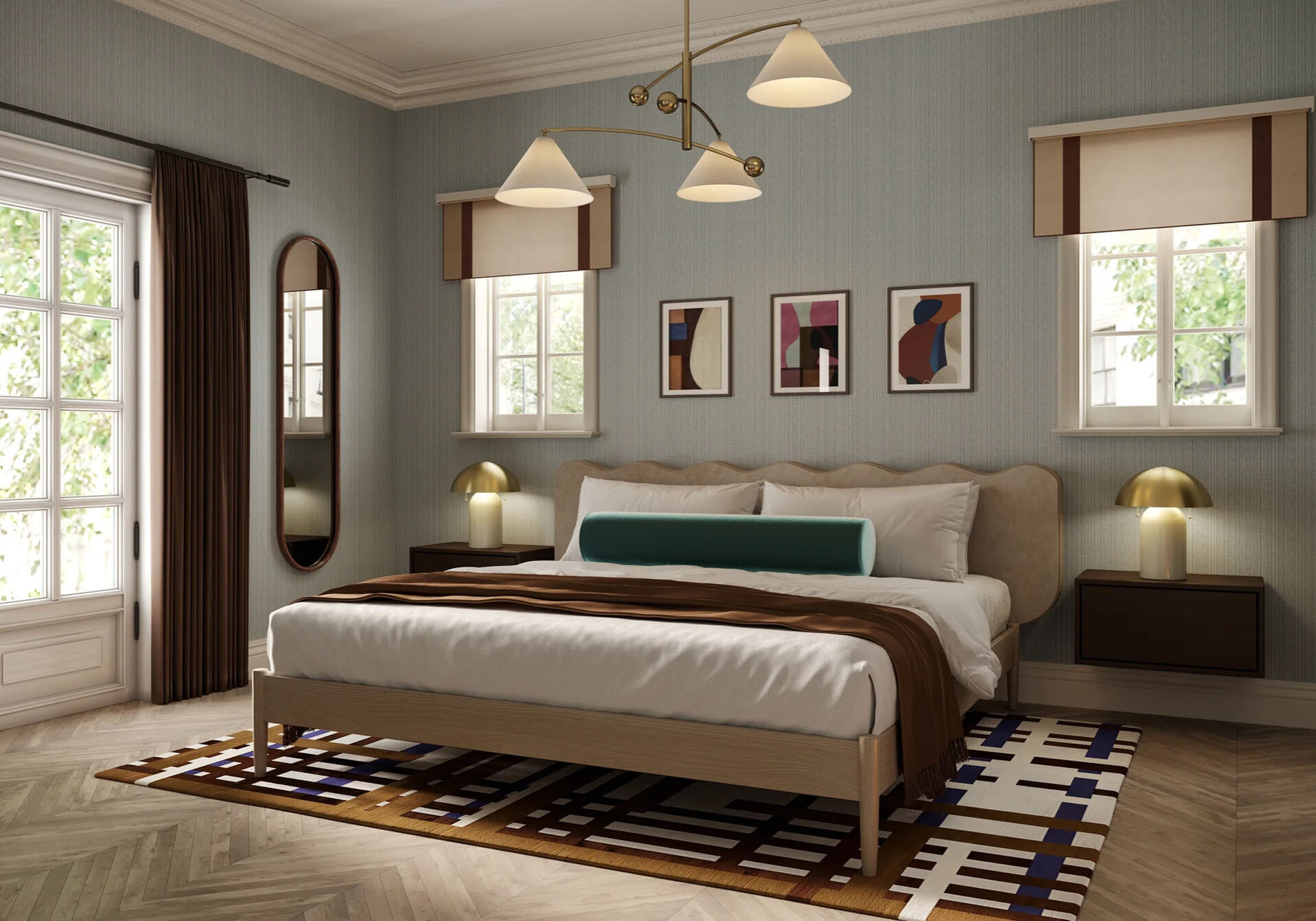 Luxury bedroom suite featuring a custom made multi-arm brass chandelier.